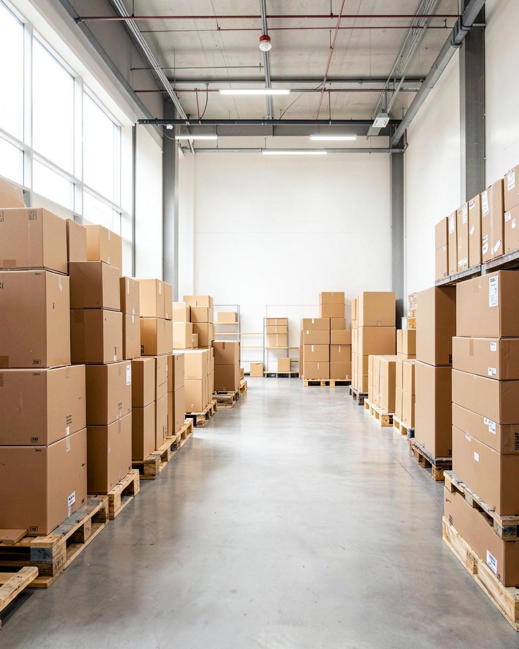 Organised warehouse with stacked cartons ready for shipment
